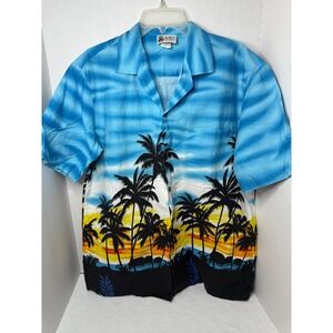 Aloha Republic Hawaiian Shirt Palm Tree Sunset Blue‎ Camp Shirt L